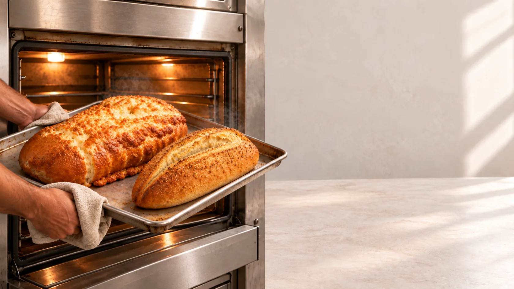 A scene of a bread tray at the oven